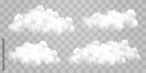 White vector realistic cloud set. Vector weather element on png background. Cloud texture, nature sky or foggy nature illustration isolated on transparent background.