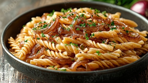 Delicious whole wheat fusilli pasta dish with caramelized onions fresh herbs and olive oil served in a black bowl for a flavorful healthy meal