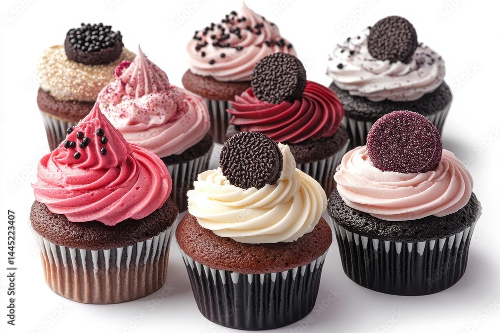 Delicious cupcakes with creamy frosting chocolate cake and colorful sprinkles A tempting sweet treat Delicious cupcakes with creamy frosting chocolate cake and colorful sprinkles A tempting sweet treat