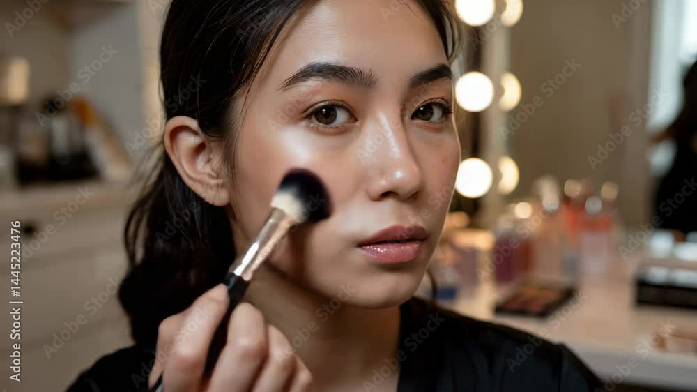 Young woman applying makeup with brush in beauty salon Young woman applying makeup with brush in beauty salon