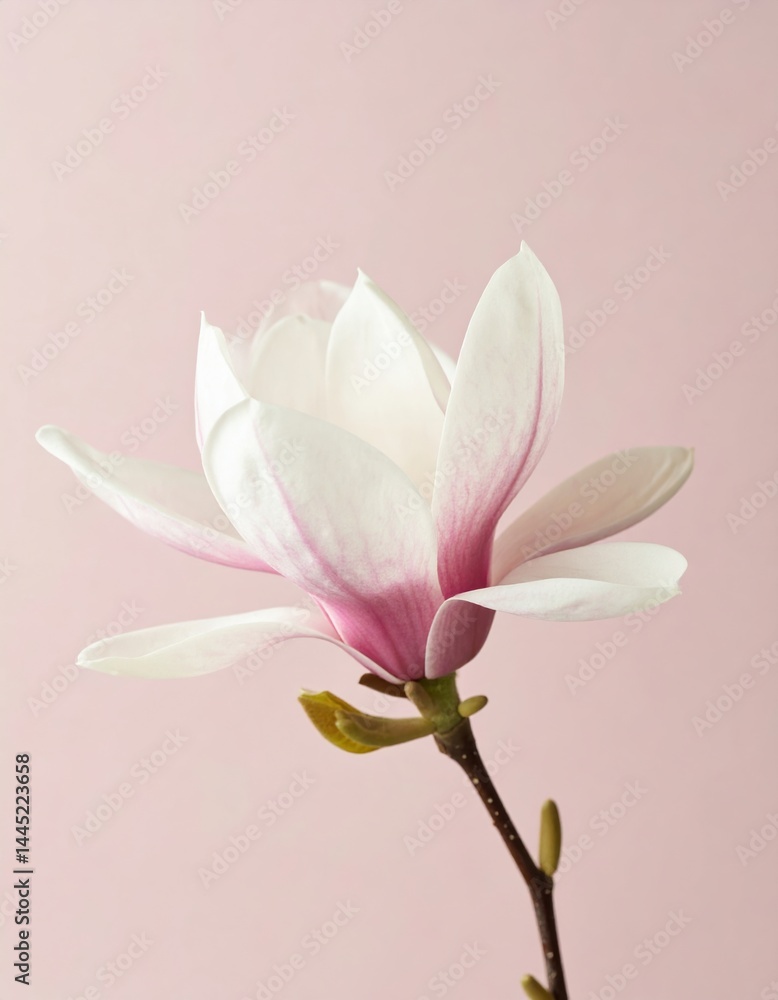 Obraz premium Delicate pink magnolia blossom on soft pink background