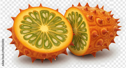 Digitally generated image, in a vibrant and highly realistic style, with sharp clarity, showing a Kiwano watermelon cut open. The background is transparent. Vector illustration