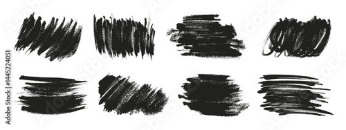Grunge brush strokes black paint smear texture stain vector illustration set. Dry dirty calligraphy brush splashes high detail texture abstract shapes element splatters.