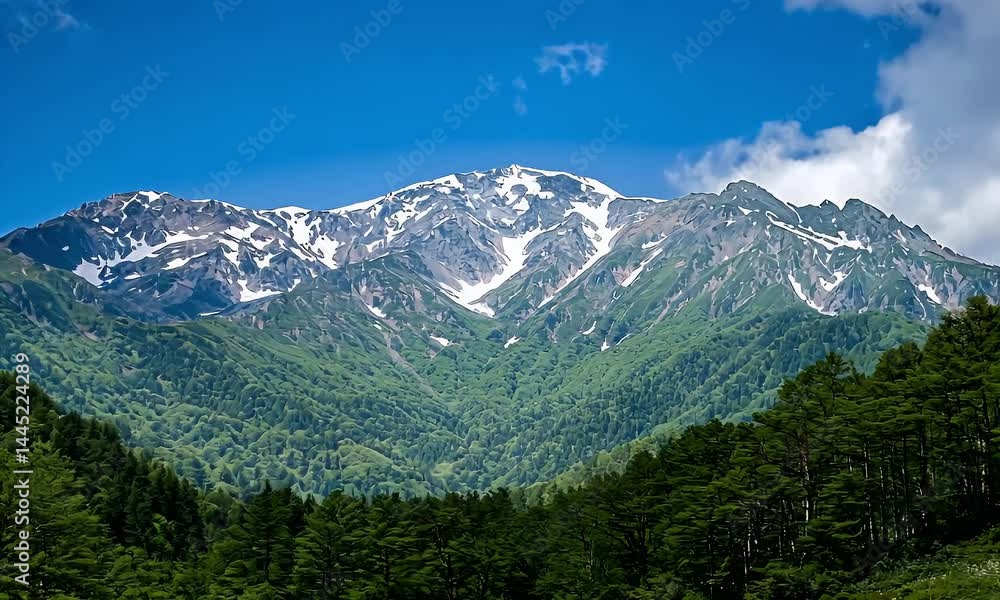 Majestic Mountain Range with Snowy Peaks and Lush Green Forest Under a Bright Blue Sky with Scattered Clouds During the Majestic Mountain Range with Snowy Peaks and Lush Green Forest Under a Bright Blue Sky with Scattered Clouds During the