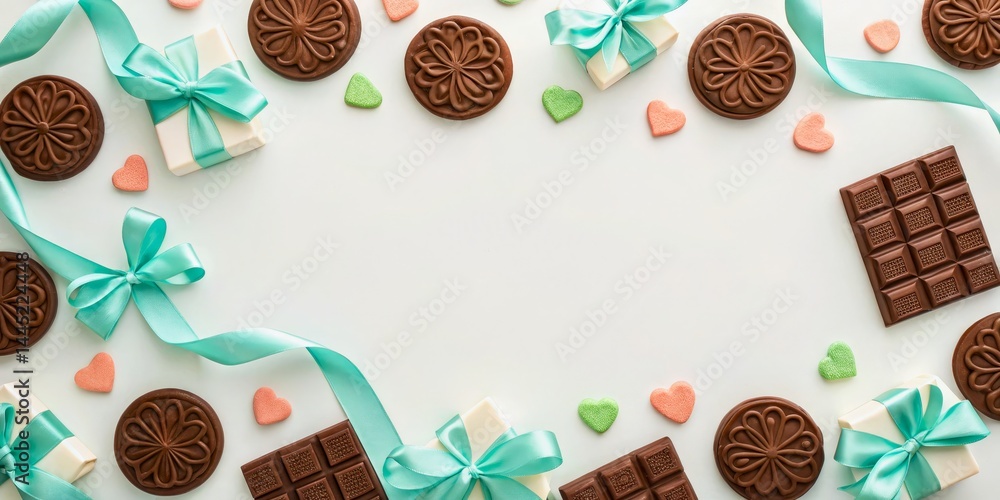 Obraz premium Delightful Chocolate and Sweets Frame with Ribbons and Heart-Shaped Candies for Celebrations