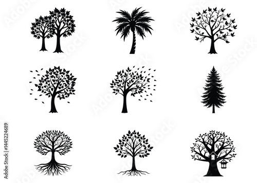 set of trees silhouettes on white background