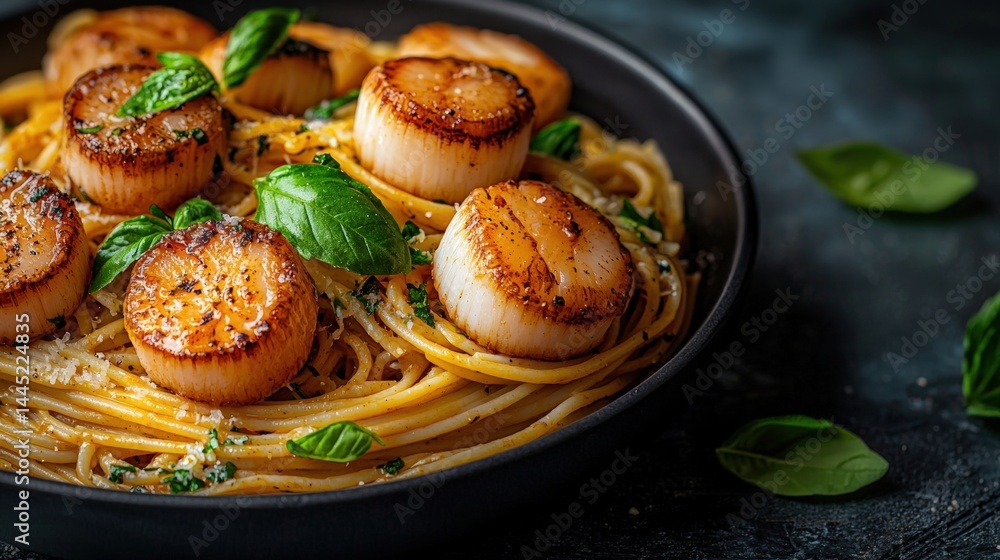 Delicious seared scallops served over a bed of homemade pasta with fresh basil leaves on a dark rustic surface, highlighting fine dining seafood dish presentation Delicious seared scallops served over a bed of homemade pasta with fresh basil leaves on a dark rustic surface, highlighting fine dining seafood dish presentation