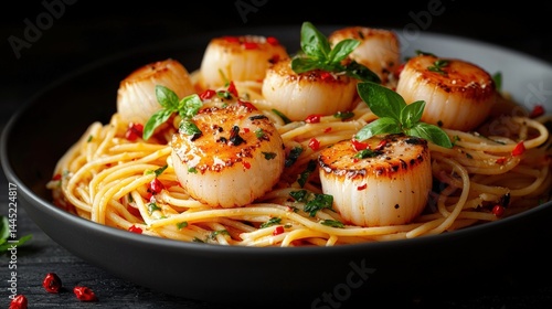 Delicious gourmet scallops served on a bed of spaghetti pasta garnished with fresh basil and spices in a black dish for fine dining restaurant presentation