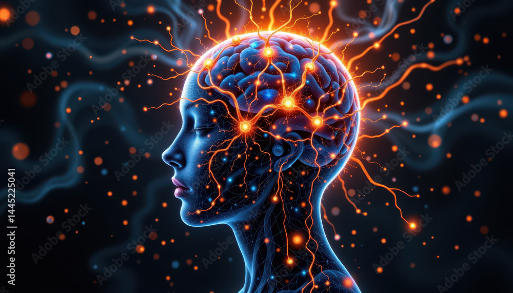 A glowing human brain with neural connections, energy, and electric sparks in a vibrant, artistic side profile illustration. A glowing human brain with neural connections, energy, and electric sparks in a vibrant, artistic side profile illustration.