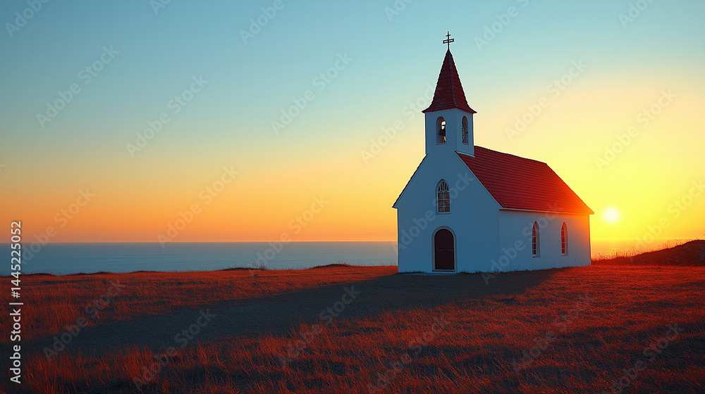Naklejka premium Sunset Church on Hill – Peaceful Ascension Day Landscape with Golden Light