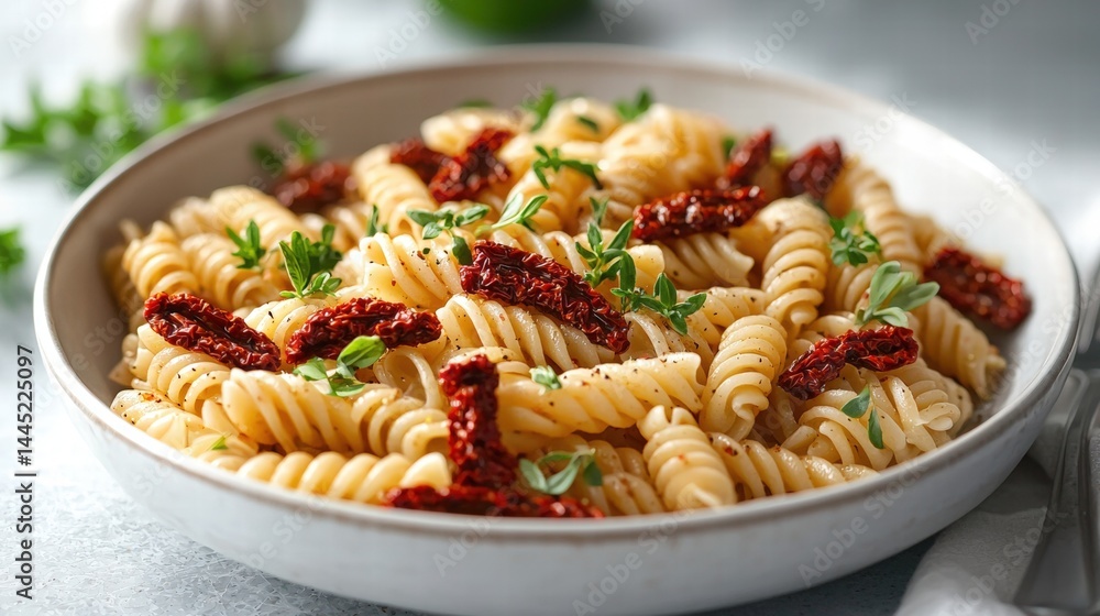 Delicious cooked fusilli pasta dish with sun-dried tomatoes and fresh herbs served in a white bowl on a light surface with natural lighting Delicious cooked fusilli pasta dish with sun-dried tomatoes and fresh herbs served in a white bowl on a light surface with natural lighting