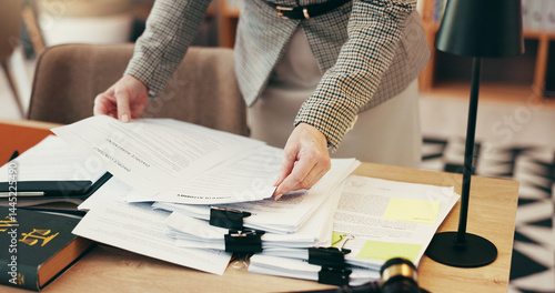 фотографія Hands, admin and stack with legal documents at office for review, inspection or investigation