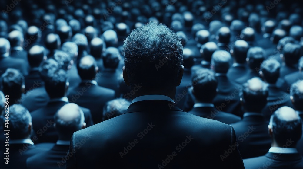 Fototapeta premium Dark crowd of business people wearing black suits, seen from behind. Perfect for concepts like conformity, leadership, and corporate culture.