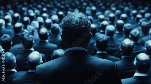 Dark crowd of business people wearing black suits, seen from behind. Perfect for concepts like conformity, leadership, and corporate culture.
