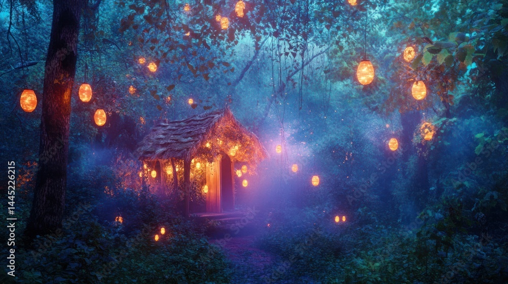 A mystical forest scene featuring a glowing cabin surrounded by lanterns and fog. A mystical forest scene featuring a glowing cabin surrounded by lanterns and fog.