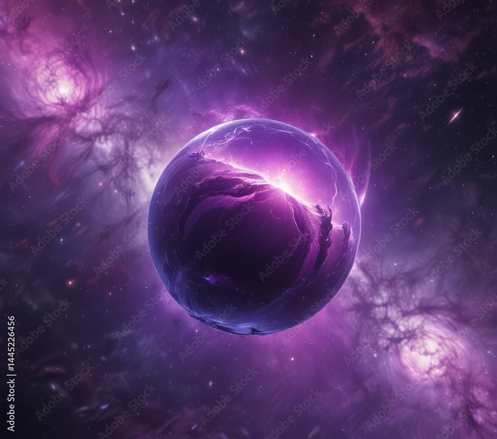 Fototapeta premium Glowing orb floats in swirling purple nebula, cosmic backdrop , vastness, celestial, light