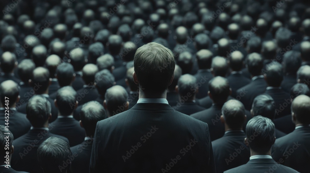 Obraz premium Rear view of a man leading a crowd of similar suited figures. It represents leadership, conformity, or business team dynamics.