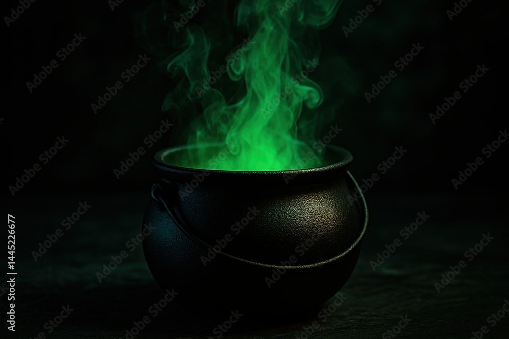 Black Halloween Witch Cauldron with Glowing Green Smoke Rising, Illuminated by Eerie Moody Lighting, Spooky Atmosphere Black Halloween Witch Cauldron with Glowing Green Smoke Rising, Illuminated by Eerie Moody Lighting, Spooky Atmosphere