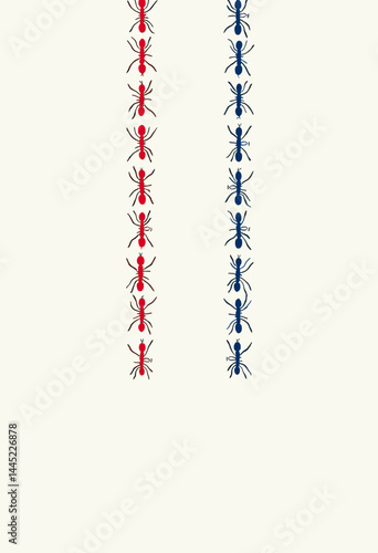 White Background Minimalist Poster with Two Vertical Ant Trails, One in Red, the Other in Blue, Clean Composition in a Cinematic Movie Poster Style
