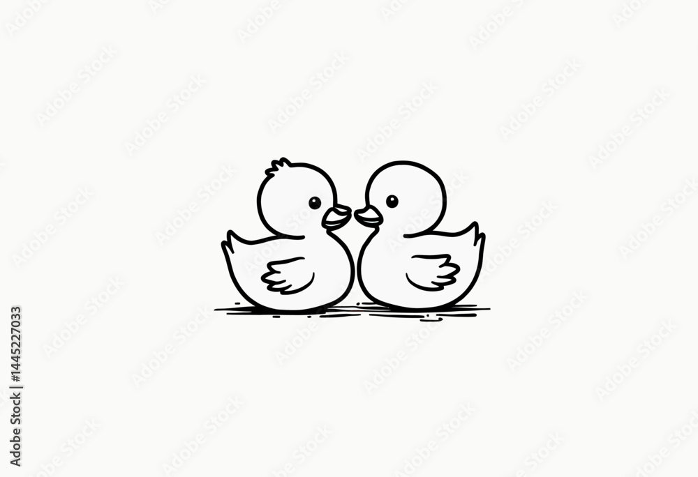Fototapeta premium Minimalist Icon Illustration of a Baby Duck Following Mama Duck, Gray Thick Lines on White Background, Flat Vector Style with a Simple and Clean Look 