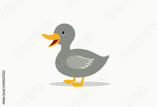 Hand-Drawn Style Flat Duck Illustration with Mouth Open, Cute Cartoon Doodle in Mustard Yellow, Pale Blue, Light Grey, and Dark Brown on a White Background with Margins
