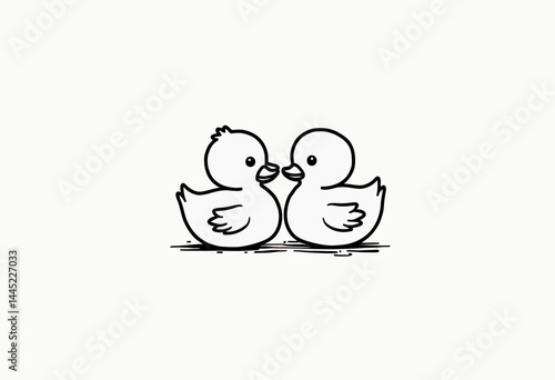 Minimalist Icon Illustration of a Baby Duck Following Mama Duck, Gray Thick Lines on White Background, Flat Vector Style with a Simple and Clean Look
