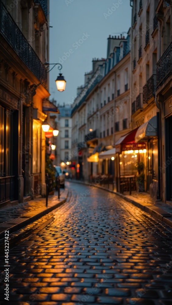 Fototapeta premium Romantic Parisian street at dusk, cobblestone road, glowing streetlights