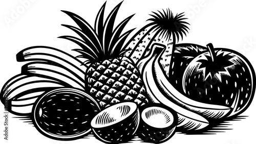 Vintage engraving style vector illustration of tropical fruits including pineapple, banana, apple, coconut, and cactus fruit. Detailed monochrome artwork suitable for labels, menus, packaging, organic