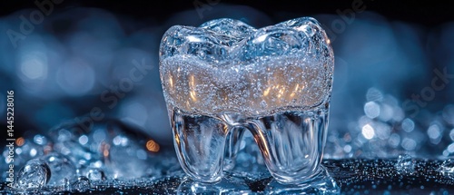 Crystal-clear model of a tooth, filled with sparkling, effervescent liquid, rests on a dark, wet surface