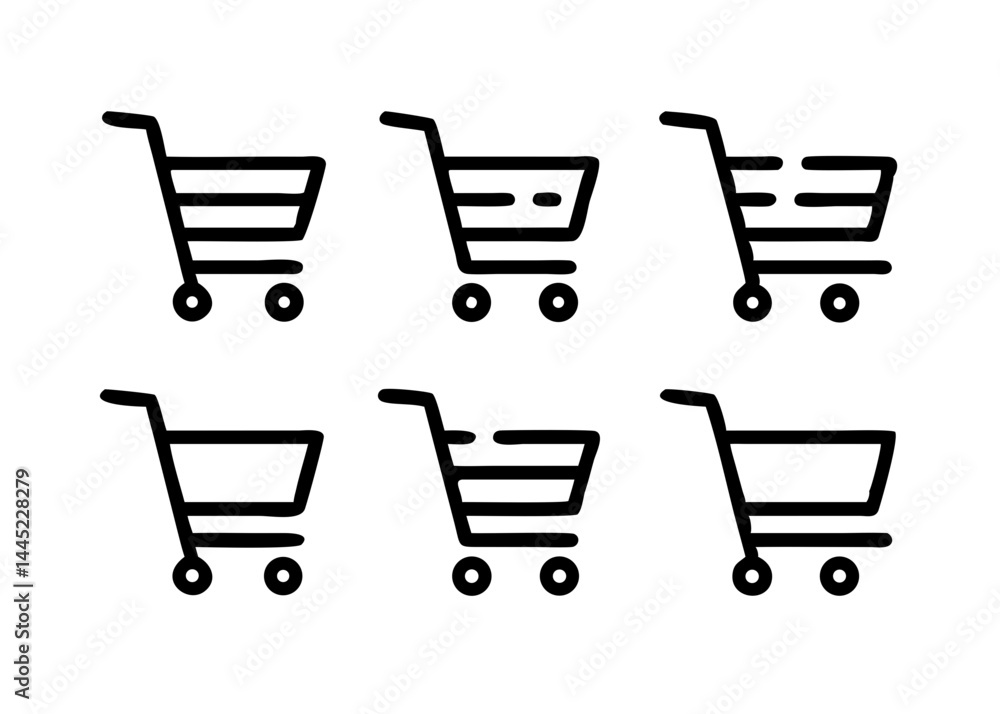 Set of six minimalist vector shopping cart icons. Black outline design ideal for e-commerce platforms, online store interfaces, and mobile shopping apps. Consistent and clean line style for UI/UX desi Set of six minimalist vector shopping cart icons. Black outline design ideal for e-commerce platforms, online store interfaces, and mobile shopping apps. Consistent and clean line style for UI/UX desi