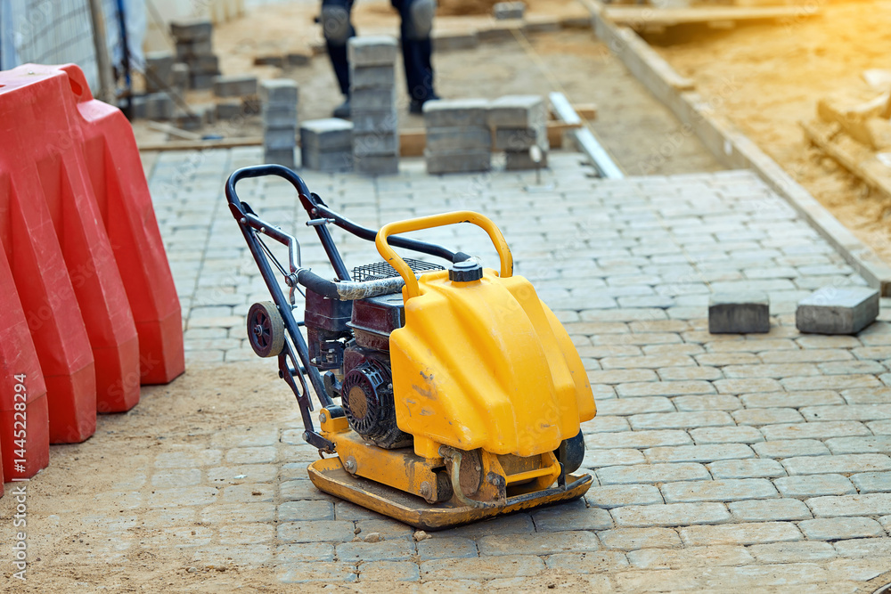 Yellow compactor machine on paved stone walkway at construction site with red barriers and paving slabs. closeup of plate compactor standing on newly laid pavement stones. Vibratory plate compactor