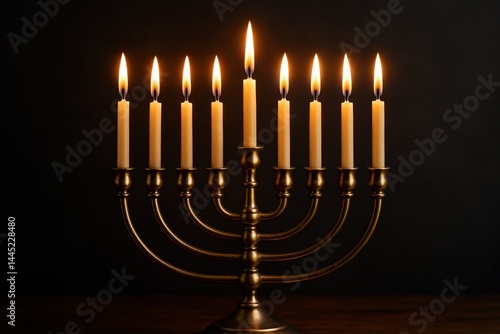 Hanukkah Menorah with Lit Candles Against Dark Background in High Dynamic Range