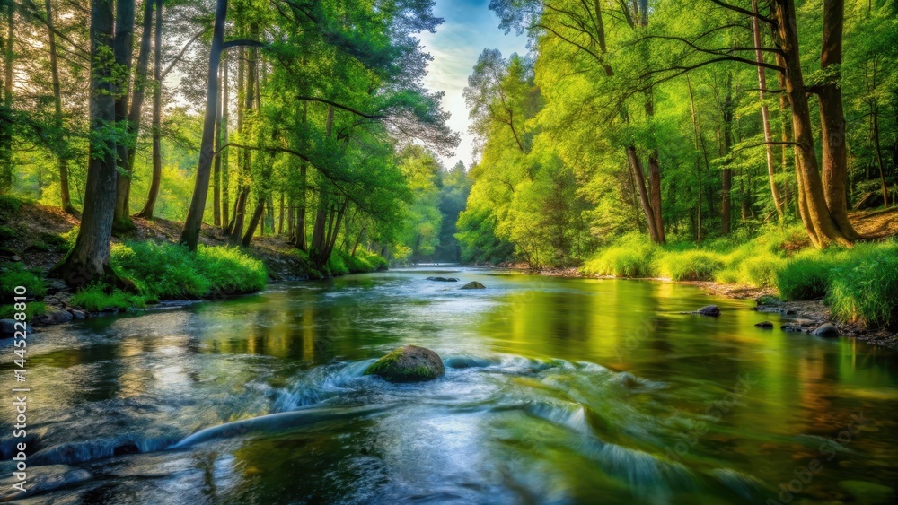 Gentle river waters flowing through a serene forest environment, natural beauty Gentle river waters flowing through a serene forest environment, natural beauty