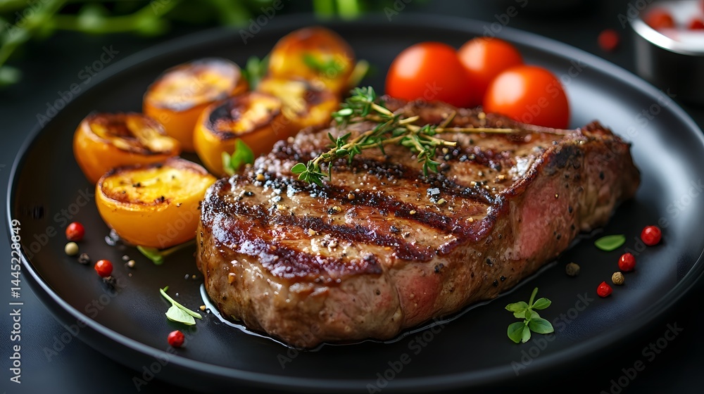 Seared and Seasoned Steak Platter with Roasted Vegetables and Herbs on a Dark Slate Plate Seared and Seasoned Steak Platter with Roasted Vegetables and Herbs on a Dark Slate Plate