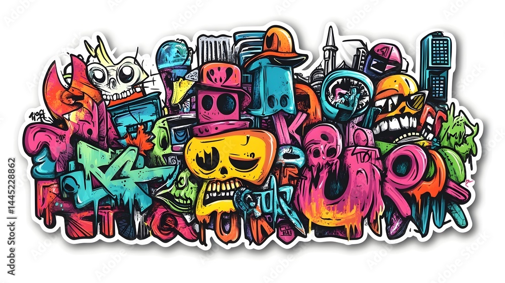 Fototapeta premium Vibrant Graffiti Inspired Cartoon Monsters and Creatures Collage