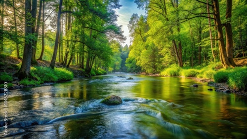 Gentle river waters flowing through a serene forest environment, natural beauty