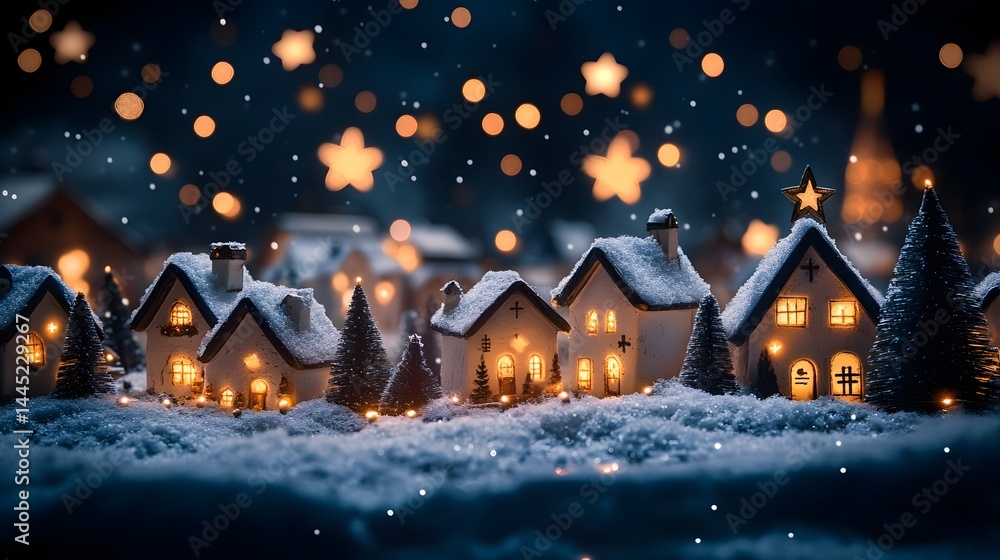 Fototapeta premium Cozy Winter Village Scene with Glowing Cottages and Sparkling Snow