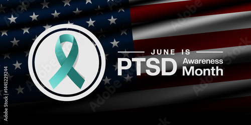 June Is National PTSD Awareness Month. American flag and ribbon. Suitable for posters, banners, social media and more. Black background.