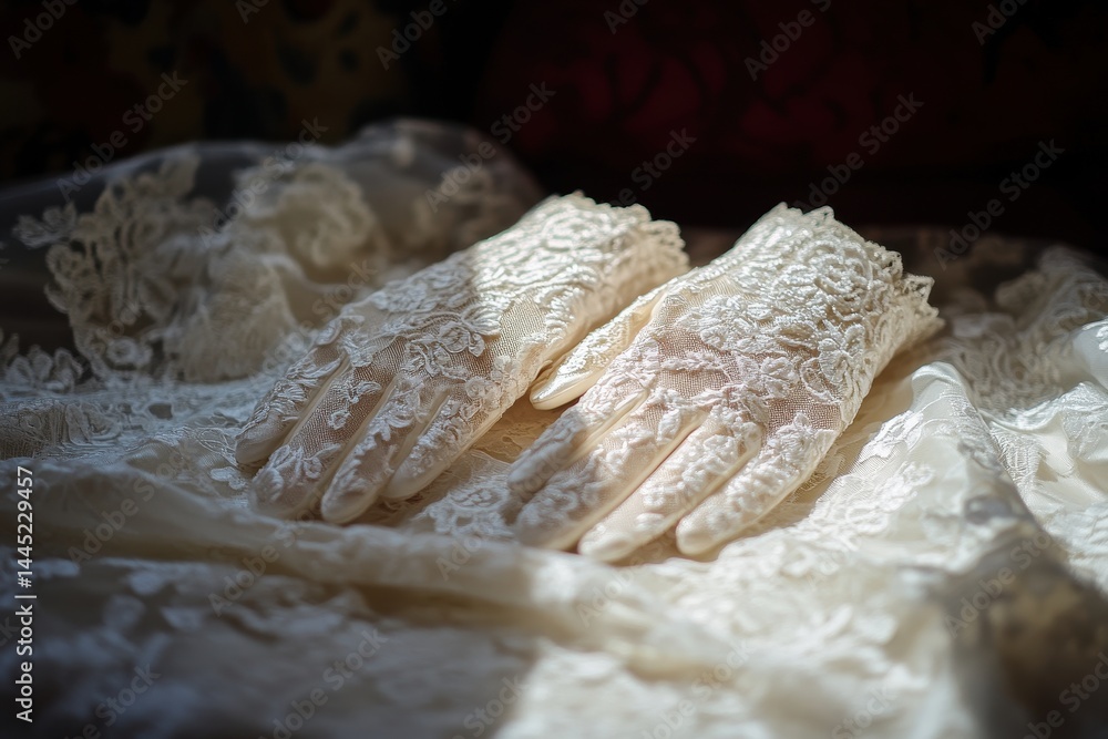 Elegant ivory lace gloves rest on delicate, textured fabric. Perfect for wedding themes, vintage concepts, or romantic settings.