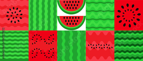 Summer watermelon abstract  banner concept design  background in cartoon style Set icons for bar, cafe.  menu,  web-banner, social media post Vector cute flat illustration