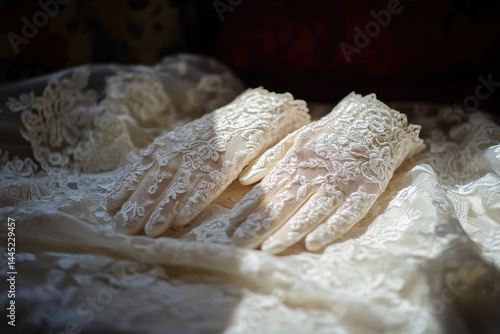 Elegant ivory lace gloves rest on delicate, textured fabric. Perfect for wedding themes, vintage concepts, or romantic settings.