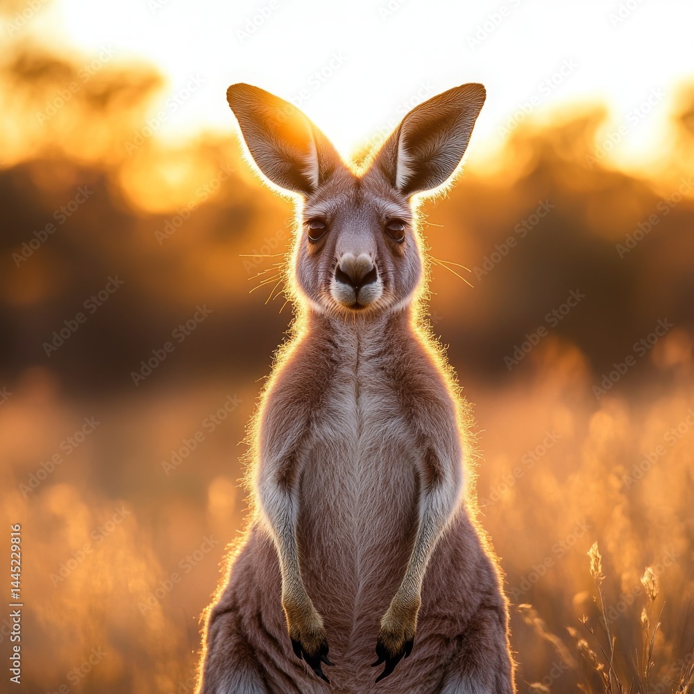 A sharp and vibrant closeup of a Kangaroo standing alert in golden Australian outback light The fur details powerful limbs and large expressive eye A sharp and vibrant closeup of a Kangaroo standing alert in golden Australian outback light The fur details powerful limbs and large expressive eye