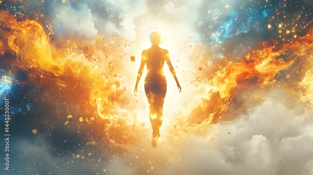 Naklejka premium Heroic Silhouette Igniting in Cosmic Firestorm of Galactic Energy