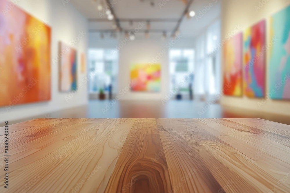 Wood surface, blurred gallery with colorful paintings on white walls. Perfect background to showcase products or present your advertising design.