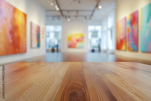 Obraz na płótnie Wood surface, blurred gallery with colorful paintings on white walls. Perfect background to showcase products or present your advertising design. w salonie