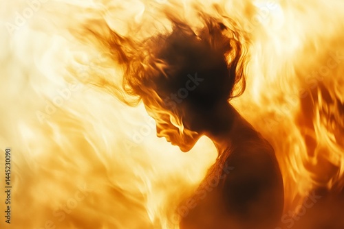 Ethereal silhouette aflame, blending human form with dancing fire, evokes powerful imagery of transformation and fiery passion.