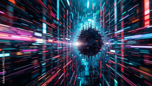 Abstract glowing lines converging on a dark geometric sphere in a futuristic tunnel