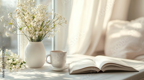 Wallpaper Mural Calm table setup with vase, cup, and open book, creating a relaxed, minimalist workspace. Torontodigital.ca