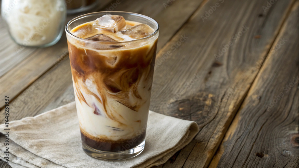 Close-up of creamy iced coffee in a transparent glass with ice cubes and soft shadows on a table Close-up of creamy iced coffee in a transparent glass with ice cubes and soft shadows on a table
