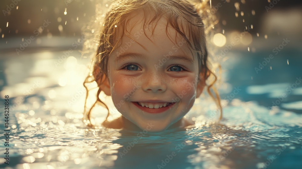 Smiling toddler girl in water enjoys the pool with sunlight bokeh. Use for happy childhood, summer fun, and family vacation concepts. Smiling toddler girl in water enjoys the pool with sunlight bokeh. Use for happy childhood, summer fun, and family vacation concepts.
